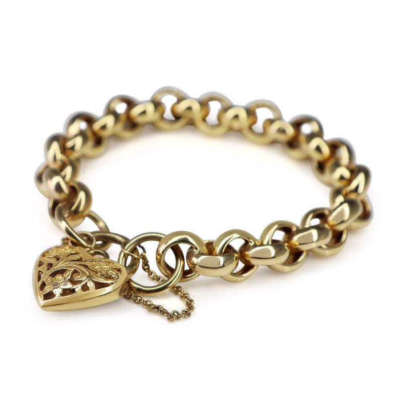 9ct Yellow Gold Belcher Link Bracelet with Filigree Padlock Clasp