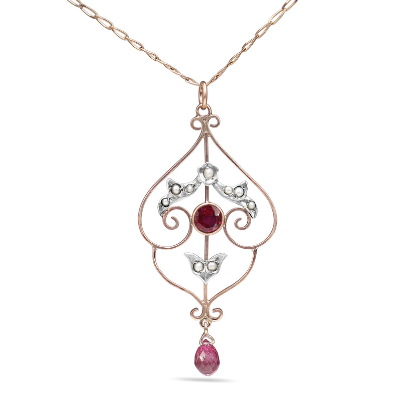 9ct Yellow and Rose Gold Antique Ruby and Pearl Victorian Necklace