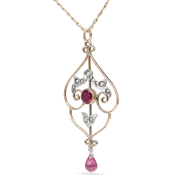 9ct Yellow and Rose Gold Antique Ruby and Pearl Victorian Necklace