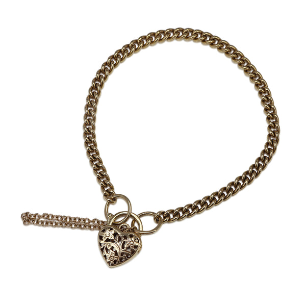 9ct Yellow Gold Solid Curb Link Bracelet with Filigree Heart Padlock