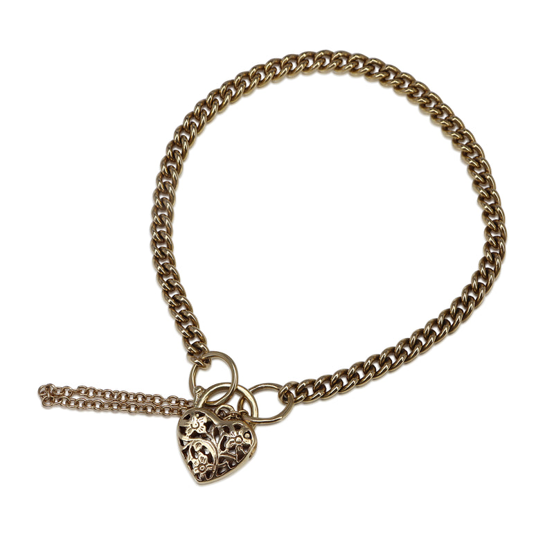 9ct Yellow Gold Solid Curb Link Bracelet with Filigree Heart Padlock