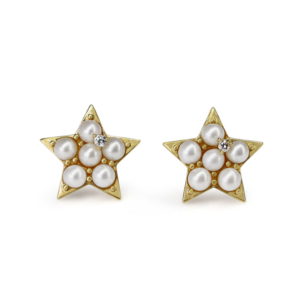 10ct Yellow Gold Pearl and Diamond Star Stud Earrings