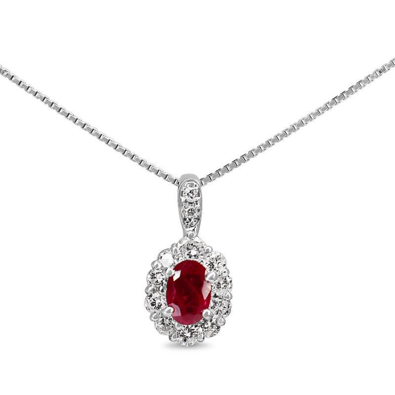 Platinum Ruby and Diamond Halo Necklace