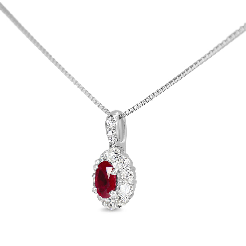 Platinum Ruby and Diamond Halo Necklace