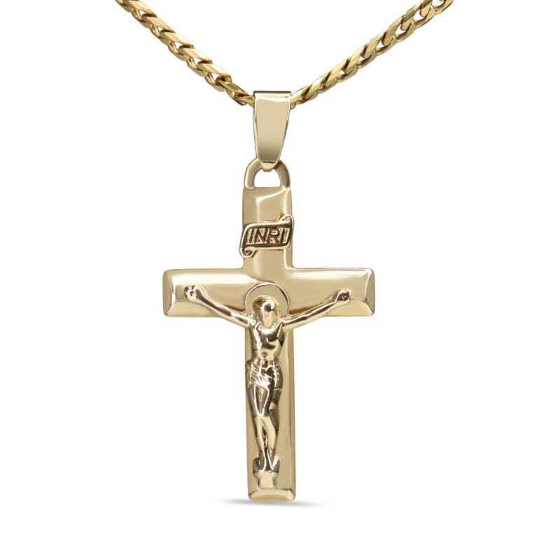 9ct Yellow Gold Crucifix Pendant on Flat Curb Link Chain Necklace