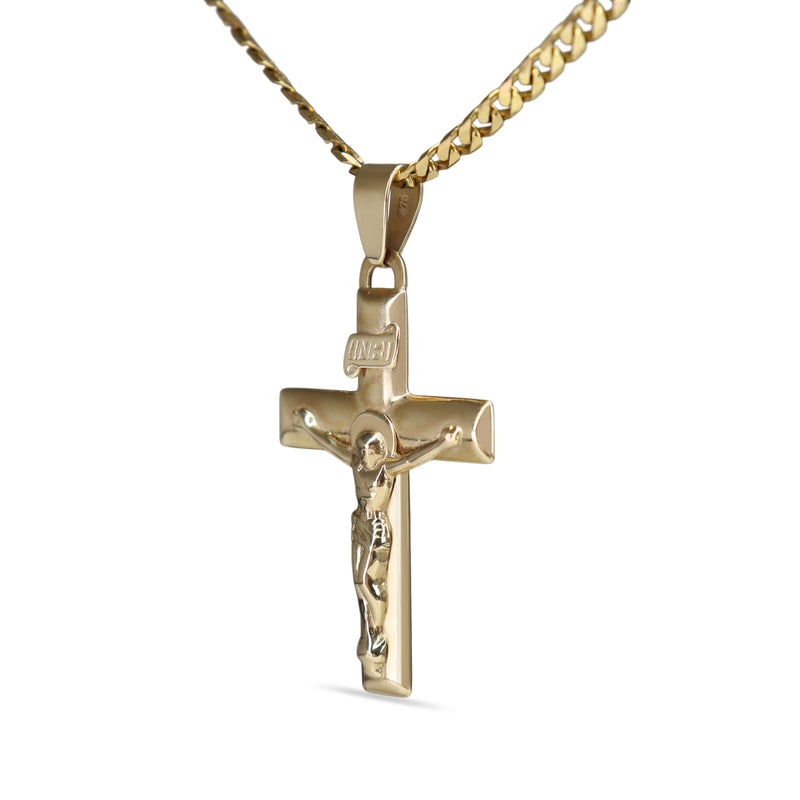 9ct Yellow Gold Crucifix Pendant on Flat Curb Link Chain Necklace