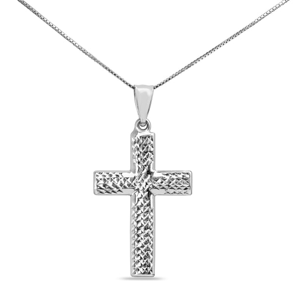 9ct White Gold Cross Necklace with Diamond Cutting Finish