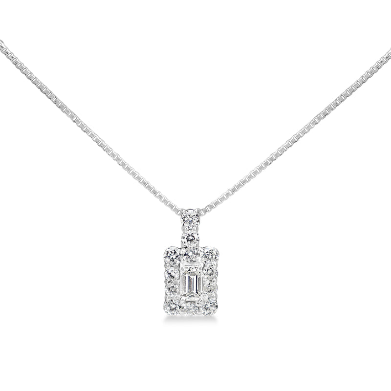 Platinum Emerald and Round Cut Diamond Halo Necklace