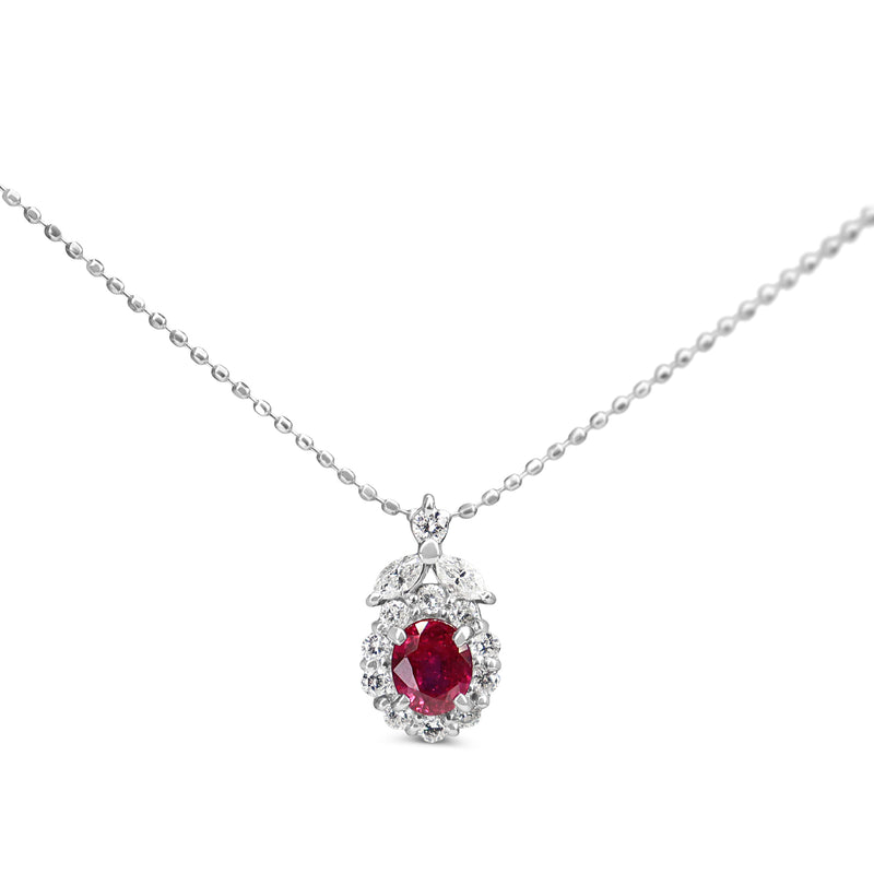 Platinum Ruby and Diamond Halo Necklace