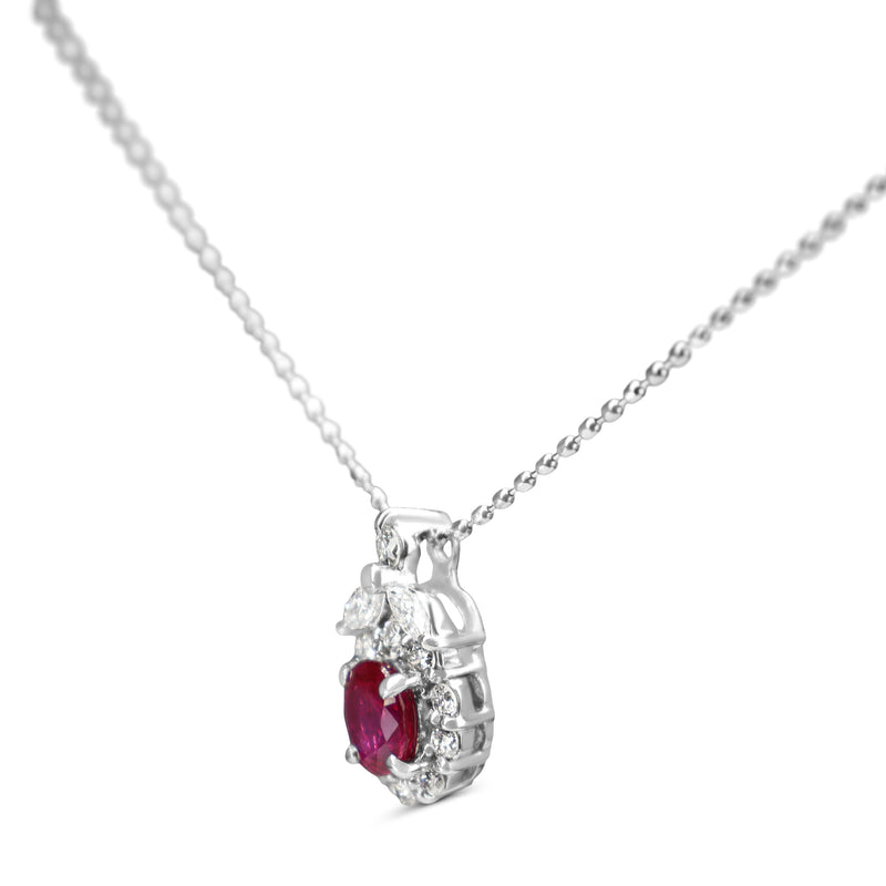 Platinum Ruby and Diamond Halo Necklace