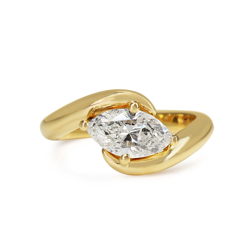 18ct Yellow Gold East West Marquise Diamond Twist Solitaire Ring