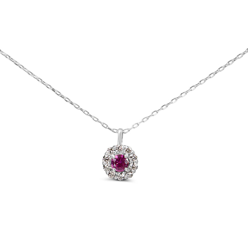 10ct White Gold Dainty Ruby and Diamond Halo Necklace