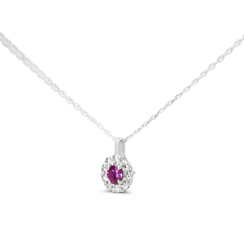 10ct White Gold Dainty Ruby and Diamond Halo Necklace