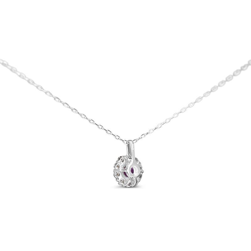 10ct White Gold Dainty Ruby and Diamond Halo Necklace