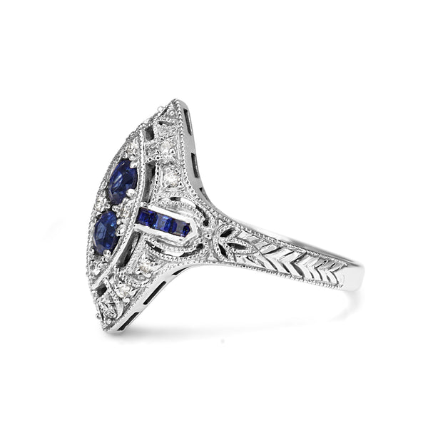 9ct White Gold Sapphire and Diamond Art Deco Style Ring