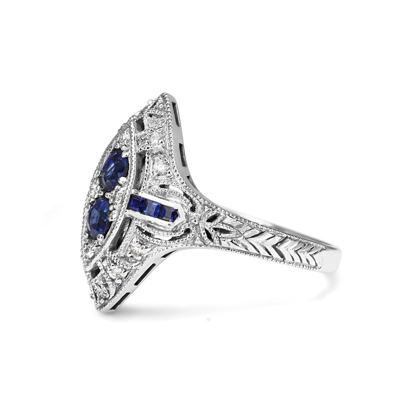 9ct White Gold Sapphire and Diamond Art Deco Style Ring