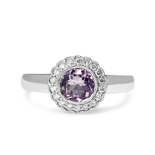 9ct White Gold Amethyst and Diamond Daisy Style Ring