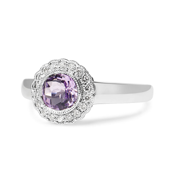 9ct White Gold Amethyst and Diamond Daisy Style Ring