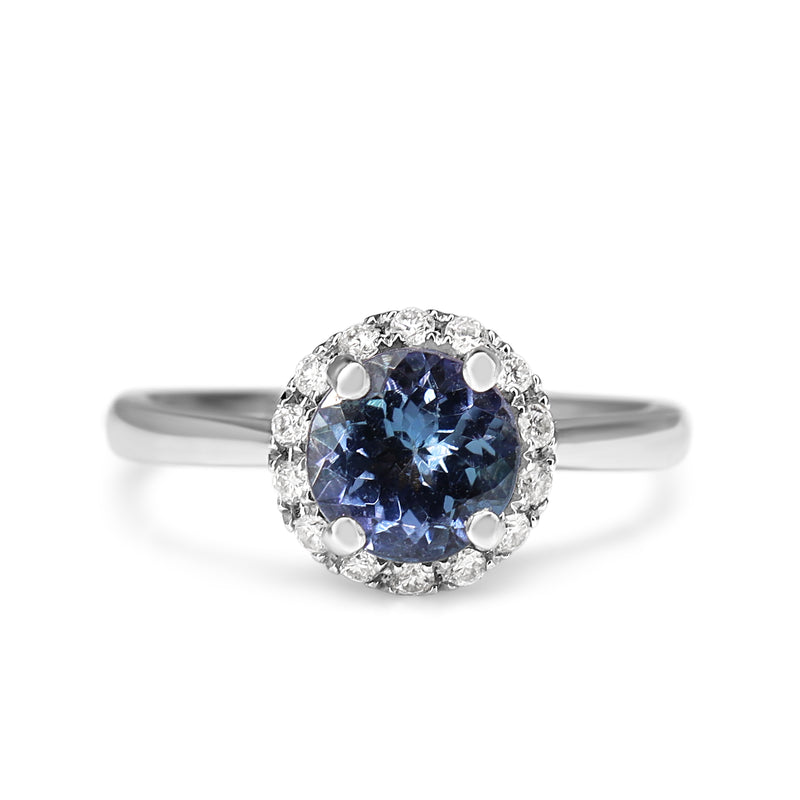 18ct White Gold Tanzanite and Diamond Halo Ring