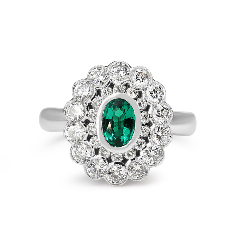 18ct White Gold Emerald and Double Halo Diamond Ring