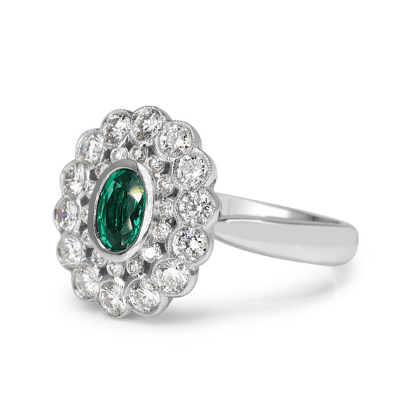 18ct White Gold Emerald and Double Halo Diamond Ring