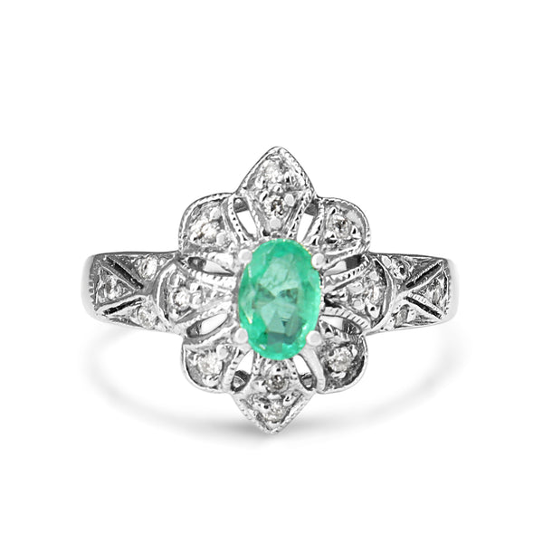 14ct White Gold Emerald and Diamond Deco Style Ring