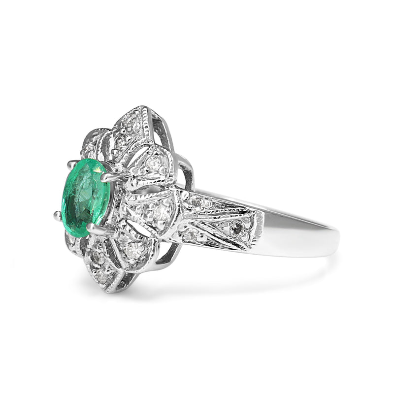 14ct White Gold Emerald and Diamond Deco Style Ring