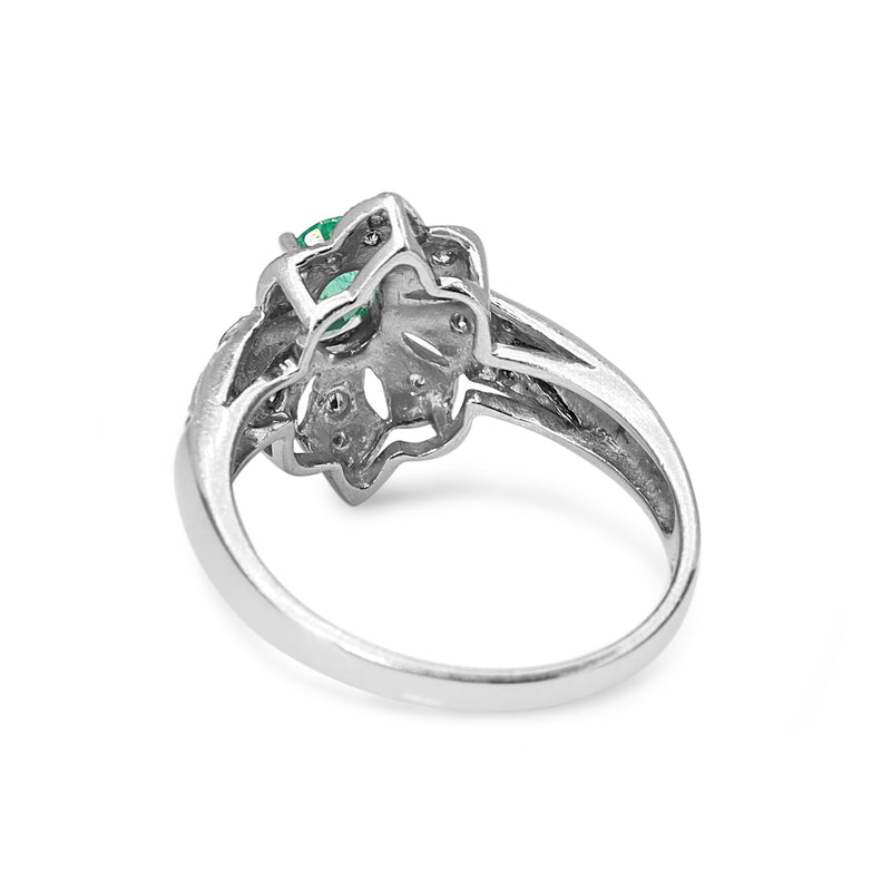 14ct White Gold Emerald and Diamond Deco Style Ring