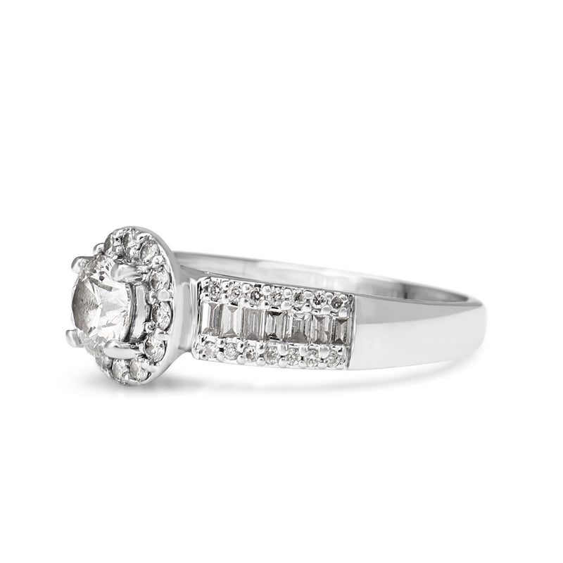 18ct White Gold Halo Cluster Ring With Round and Baguette Diamonds