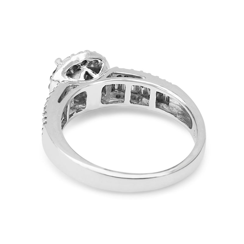 18ct White Gold Halo Cluster Ring With Round and Baguette Diamonds