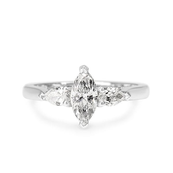 18ct White Gold Marquise and Pear Diamond 3 Stone Ring