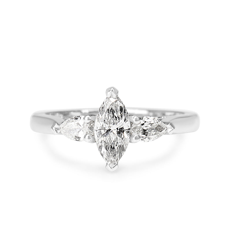 18ct White Gold Marquise and Pear Diamond 3 Stone Ring