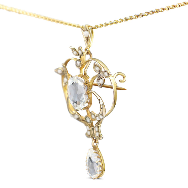 9ct Yellow Gold Victorian Antique Aquamarine and Seed Pearl Necklace