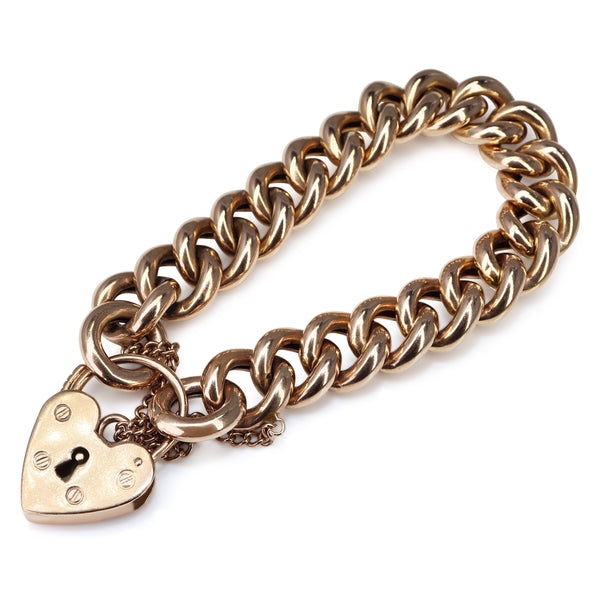 9ct Rose Gold Curb Link Bracelet with Heart Padlock Clasp