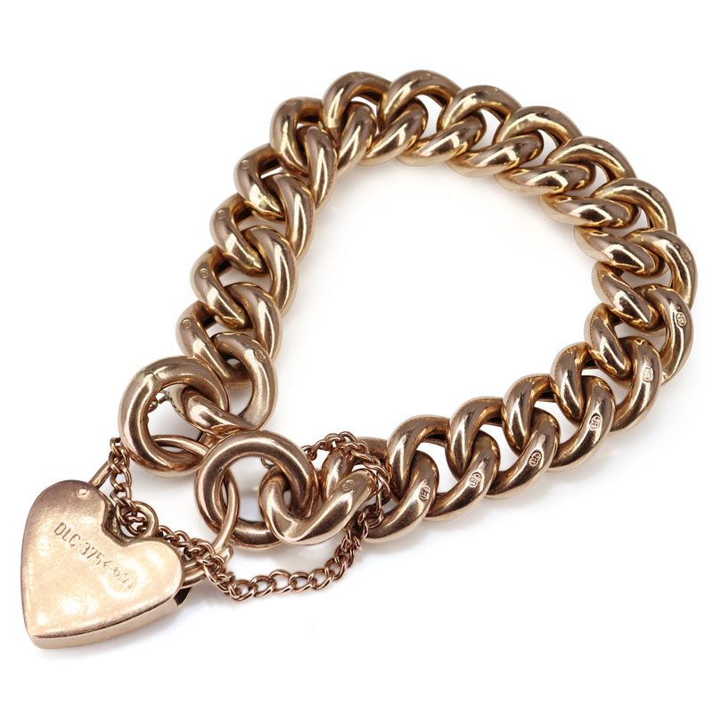 9ct Rose Gold Curb Link Bracelet with Heart Padlock Clasp