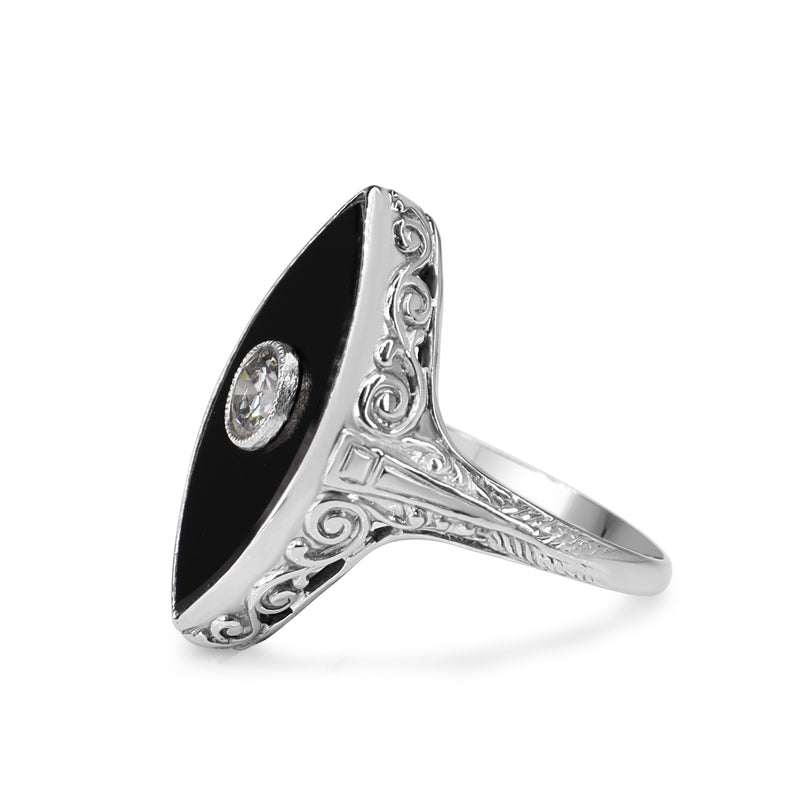 18ct White Gold Art Deco Onyx and Old Cut Diamond Ring