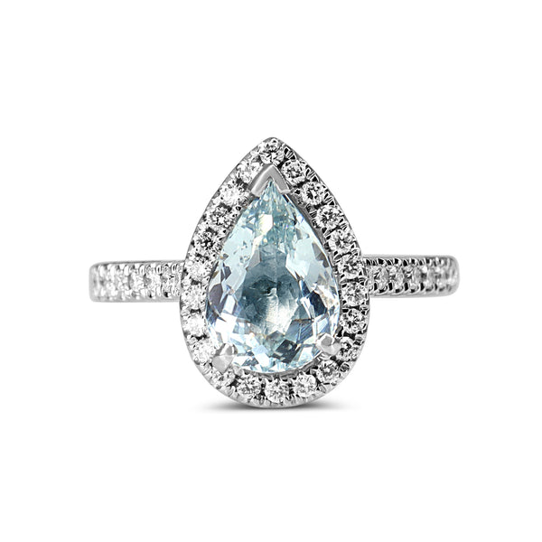 18ct White Gold Pear Aquamarine Halo Diamond Ring