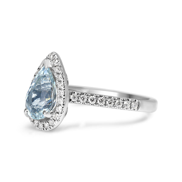 18ct White Gold Pear Aquamarine Halo Diamond Ring