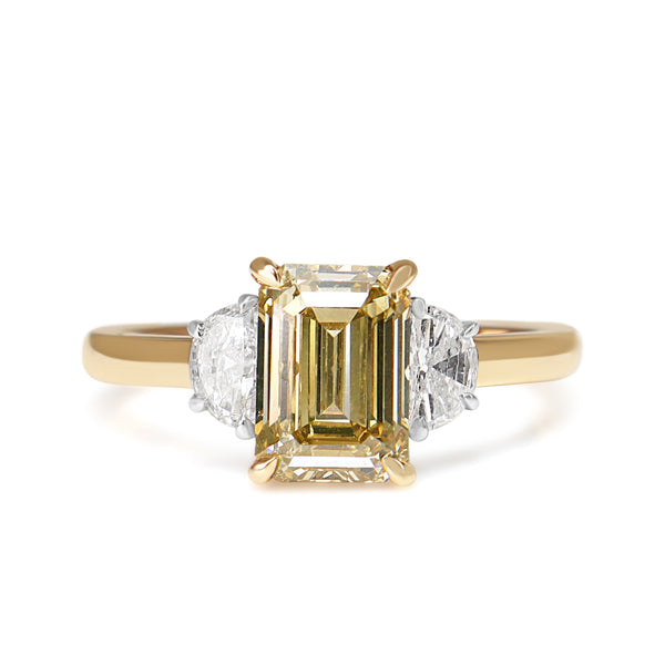 18ct Rose / Beige Gold 2.04ct Emerald Cut Champagne and Half Moon Diamond 3 Stone Ring