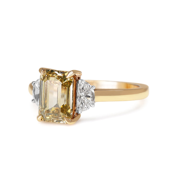 18ct Rose / Beige Gold 2.04ct Emerald Cut Champagne and Half Moon Diamond 3 Stone Ring