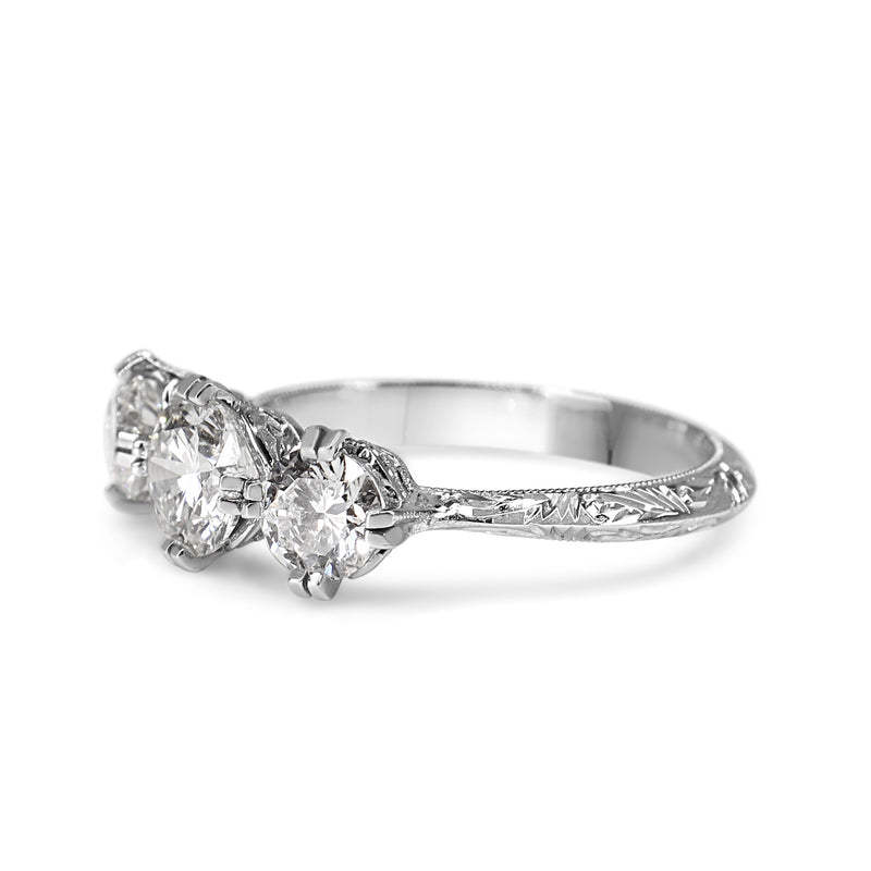 18ct White Gold Vintage Style 3 Stone Diamond Ring with Etched Band