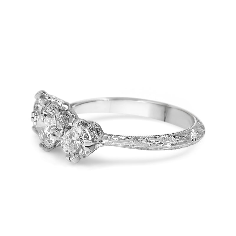 18ct White Gold Vintage Style 3 Stone Diamond Ring with Etched Band