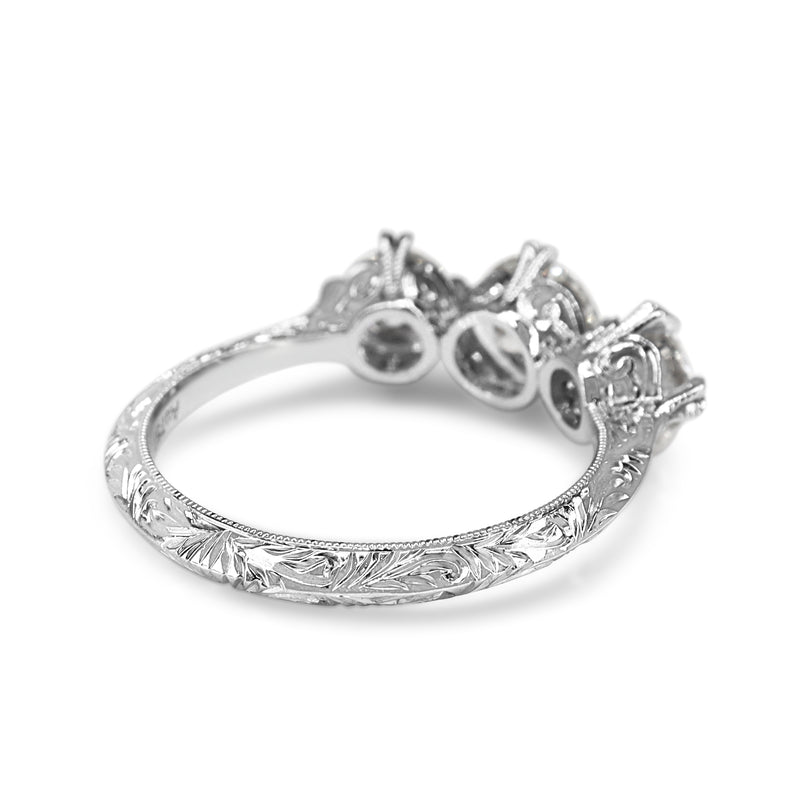 18ct White Gold Vintage Style 3 Stone Diamond Ring with Etched Band