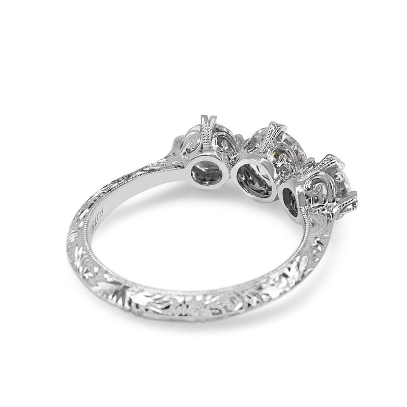 18ct White Gold Vintage Style 3 Stone Diamond Ring with Etched Band