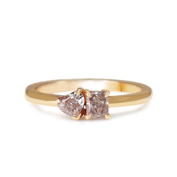 18ct Rose Gold Radiant and Heart Cut Moi et Toi Style Pink Diamond Ring