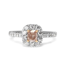 18ct White and Rose Gold Cushion Cut Pink Diamond Halo Ring