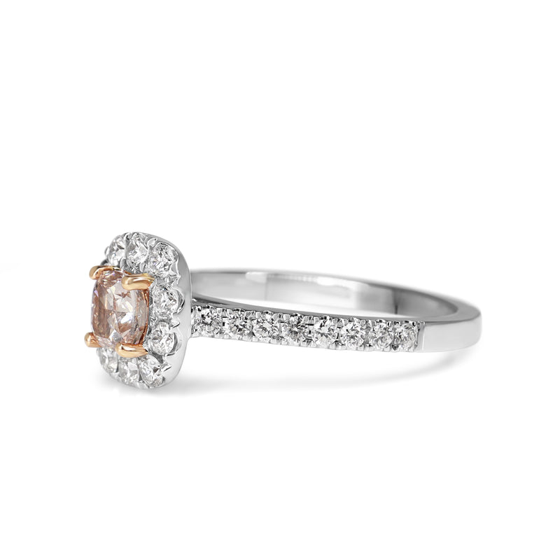 18ct White and Rose Gold Cushion Cut Pink Diamond Halo Ring