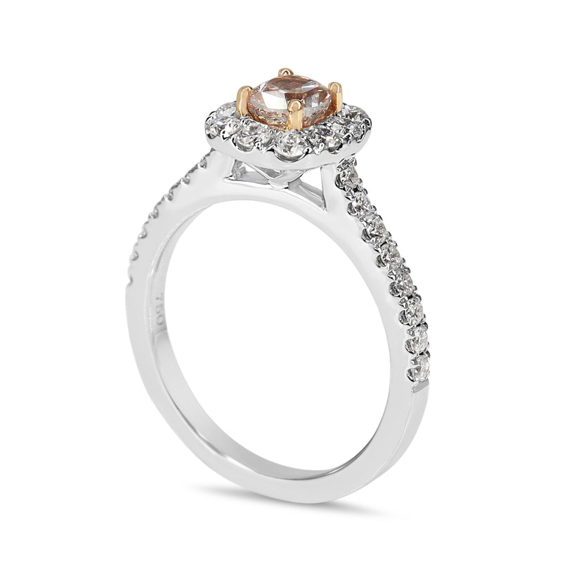 18ct White and Rose Gold Cushion Cut Pink Diamond Halo Ring