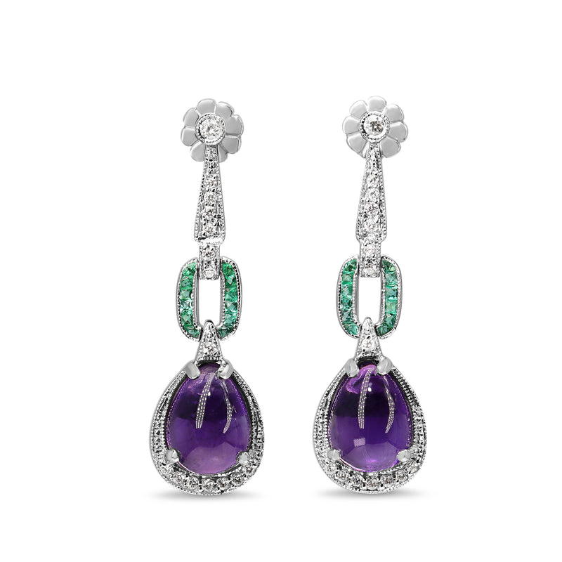 9ct White Gold Diamond, Emerald and Amethyst Art Deco Style Drop Earrings