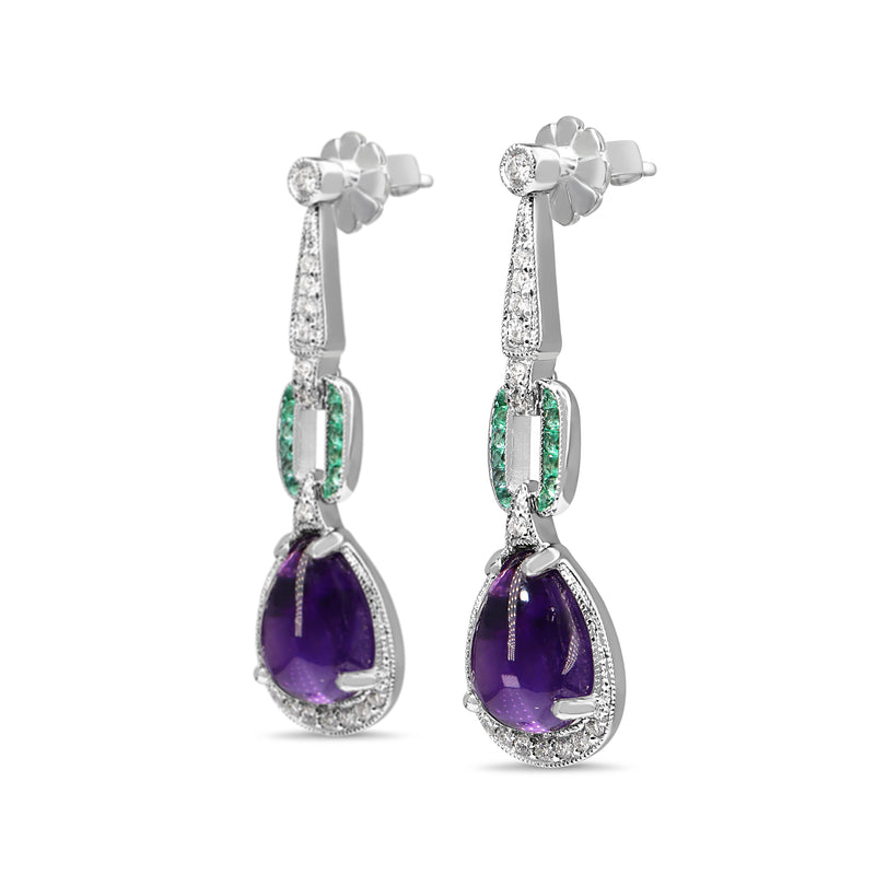 9ct White Gold Diamond, Emerald and Amethyst Art Deco Style Drop Earrings